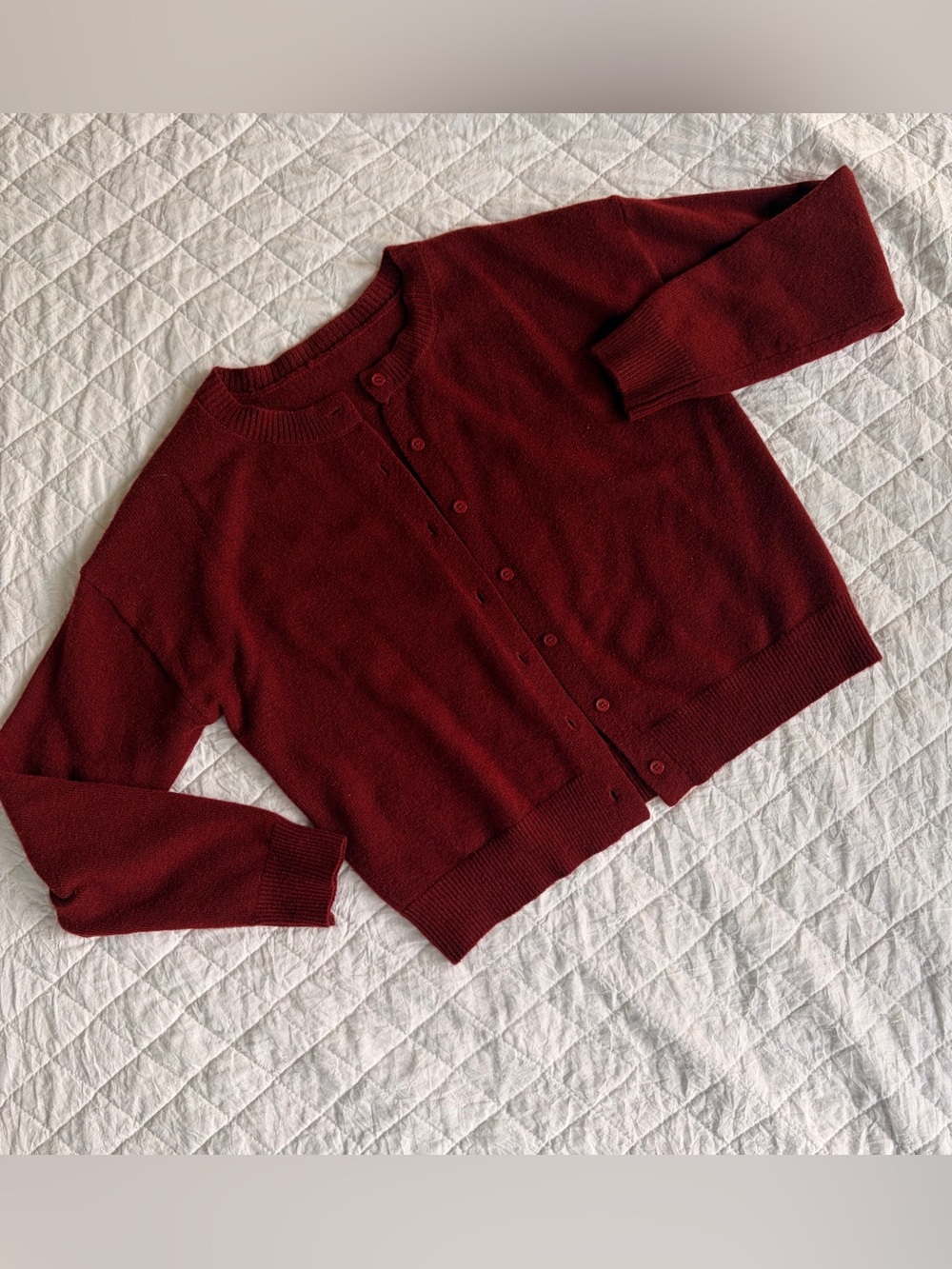 Women's Crewneck Cropped Button-Front Sweater Cardigan - Burgundy